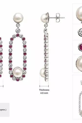 Pearl and ruby cz drop earrings, 925 sterling silver, rhodium plated, oval hoop dangle, 46 mm length