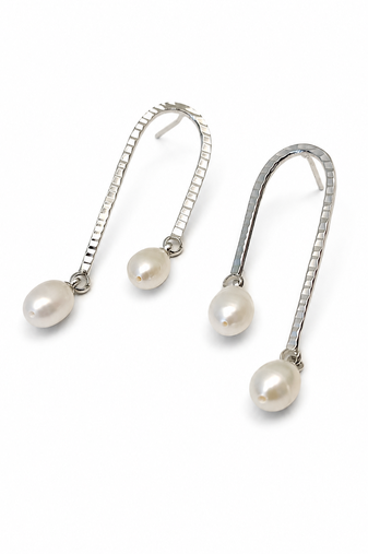 Silver tone freshwater pearl drop earrings, textured arc hook, elegant dangle style