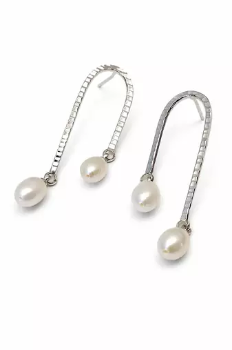 Silver tone freshwater pearl drop earrings, textured arc hook, elegant dangle style