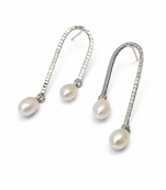 Silver tone freshwater pearl drop earrings, textured arc hook, elegant dangle style