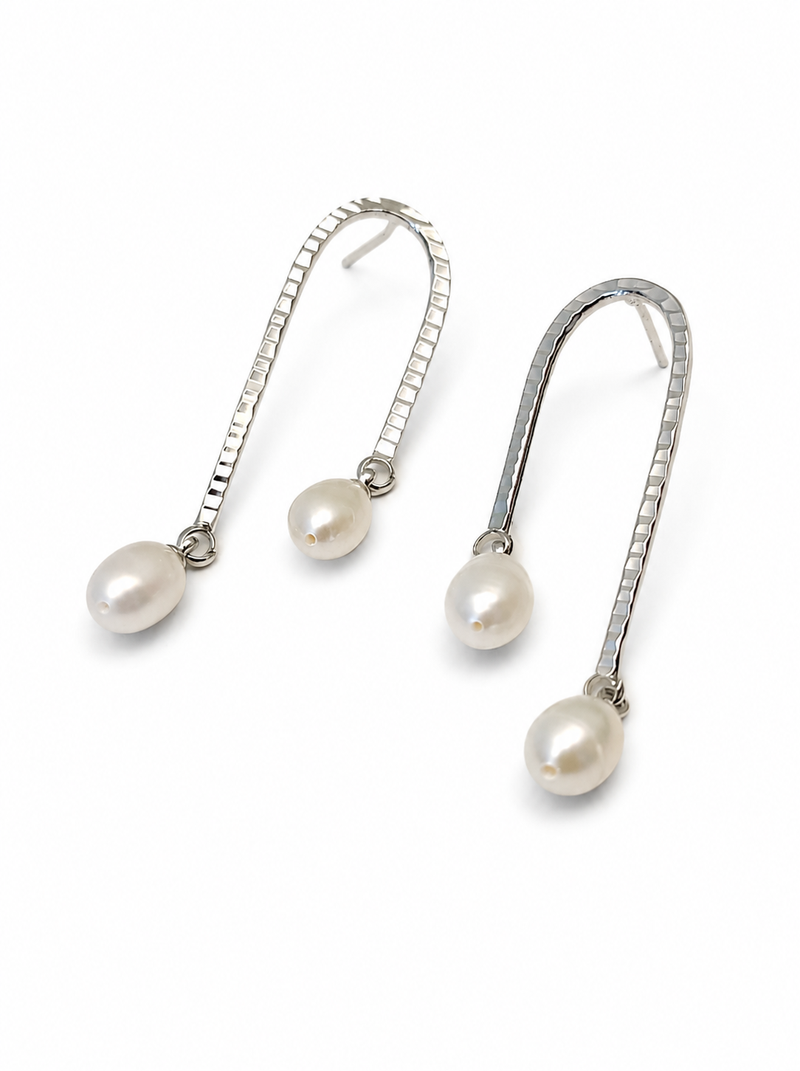Silver tone freshwater pearl drop earrings, textured arc hook, elegant dangle style