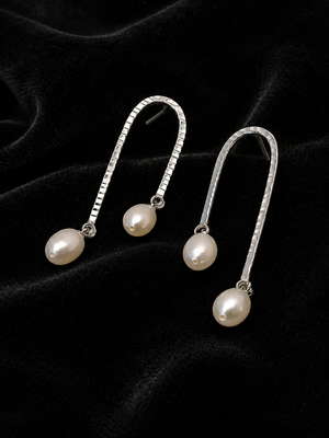 Silver tone freshwater pearl drop earrings, textured arc hook, elegant dangle style 3