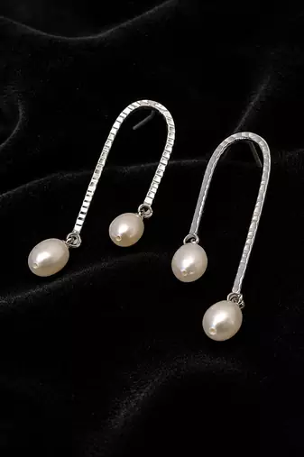 Silver tone freshwater pearl drop earrings, textured arc hook, elegant dangle style