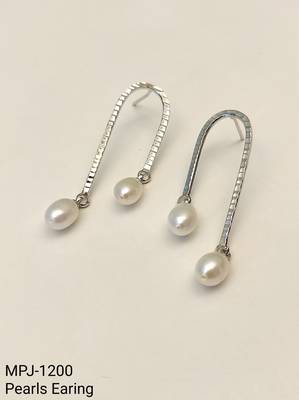 Silver tone freshwater pearl drop earrings, textured arc hook, elegant dangle style 4