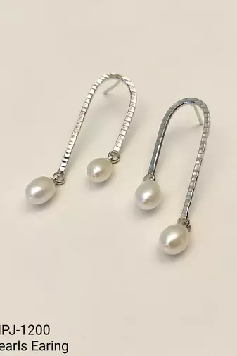 Silver tone freshwater pearl drop earrings, textured arc hook, elegant dangle style