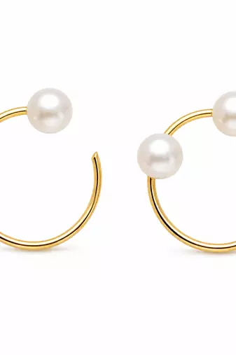 Gold-tone pearl hoop earrings, open circle design with dual white pearls, elegant jewellery for women