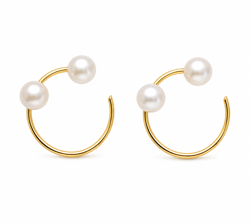 Gold-tone pearl hoop earrings, open circle design with dual white pearls, elegant jewellery for women