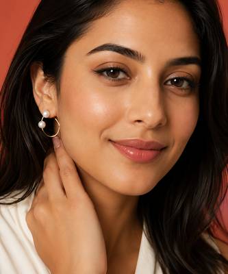 Gold-tone pearl hoop earrings, open circle design with dual white pearls, elegant jewellery for women 2