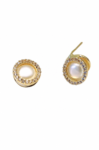 Pearl stud earrings, gold-toned round halo with cz stones, elegant tops