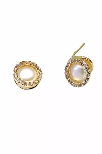 Pearl stud earrings, gold-toned round halo with cz stones, elegant tops