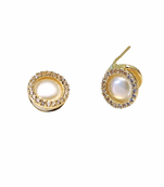 Pearl stud earrings, gold-toned round halo with cz stones, elegant tops