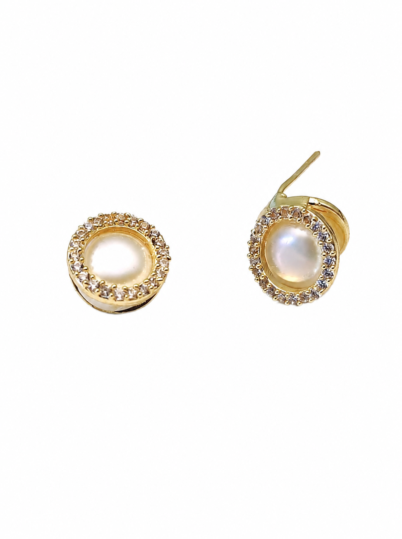 Pearl stud earrings, gold-toned round halo with cz stones, elegant tops
