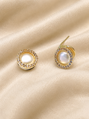 Pearl stud earrings, gold-toned round halo with cz stones, elegant tops 2