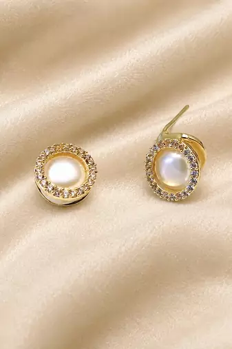 Pearl stud earrings, gold-toned round halo with cz stones, elegant tops