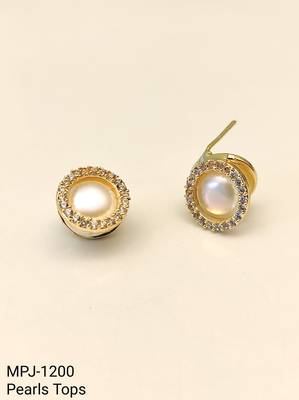Pearl stud earrings, gold-toned round halo with cz stones, elegant tops 3