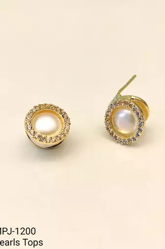 Pearl stud earrings, gold-toned round halo with cz stones, elegant tops