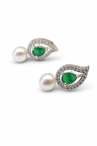 Pearl and emerald green cz leaf stud earrings, silver tone, teardrop stone with diamond accents