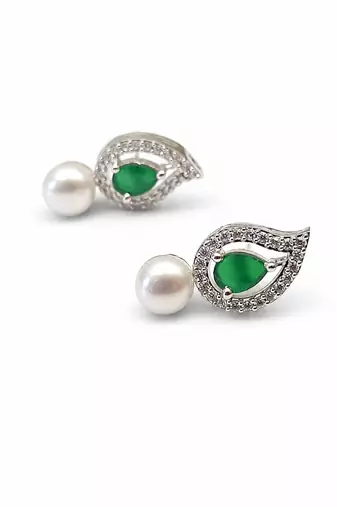 Pearl and emerald green cz leaf stud earrings, silver tone, teardrop stone with diamond accents