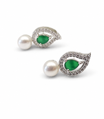 Pearl and emerald green cz leaf stud earrings, silver tone, teardrop stone with diamond accents