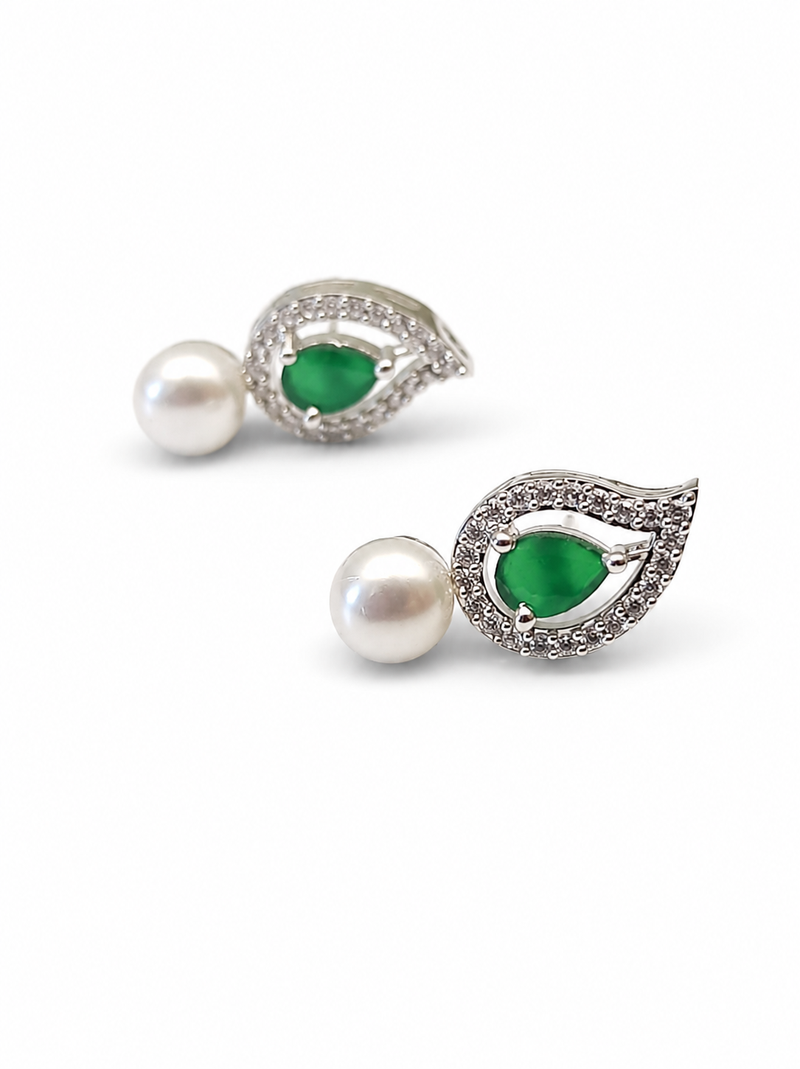 Pearl and emerald green cz leaf stud earrings, silver tone, teardrop stone with diamond accents