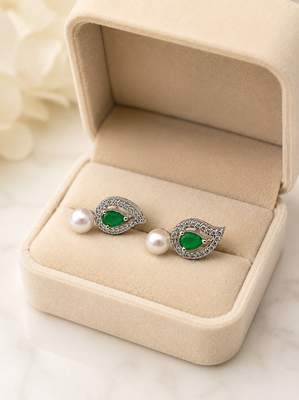Pearl and emerald green cz leaf stud earrings, silver tone, teardrop stone with diamond accents 2