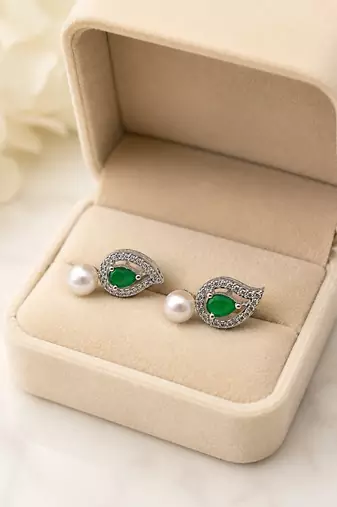 Pearl and emerald green cz leaf stud earrings, silver tone, teardrop stone with diamond accents