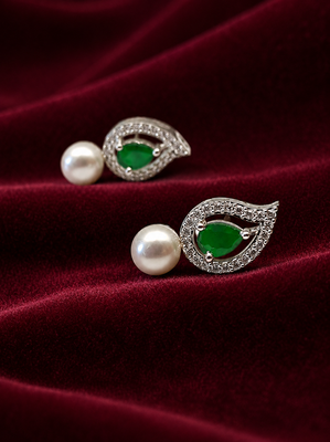 Pearl and emerald green cz leaf stud earrings, silver tone, teardrop stone with diamond accents 3