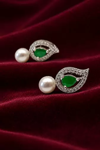 Pearl and emerald green cz leaf stud earrings, silver tone, teardrop stone with diamond accents