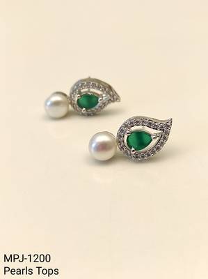 Pearl and emerald green cz leaf stud earrings, silver tone, teardrop stone with diamond accents 4