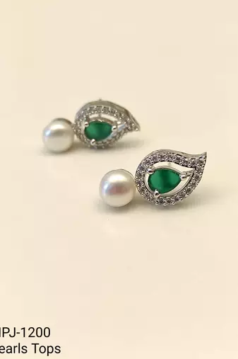Pearl and emerald green cz leaf stud earrings, silver tone, teardrop stone with diamond accents