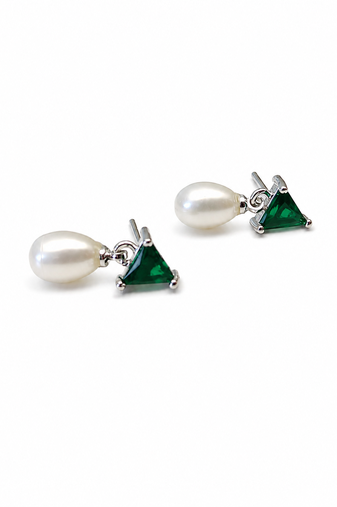 Pearl and green triangle crystal stud earrings, silver tone, elegant drop style