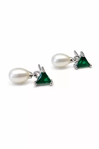 Pearl and green triangle crystal stud earrings, silver tone, elegant drop style