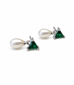 Pearl and green triangle crystal stud earrings, silver tone, elegant drop style