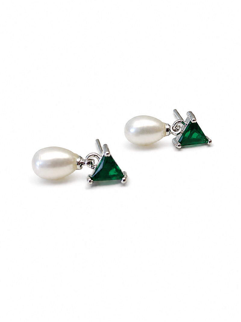 Pearl and green triangle crystal stud earrings, silver tone, elegant drop style
