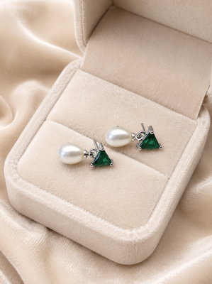 Pearl and green triangle crystal stud earrings, silver tone, elegant drop style 2