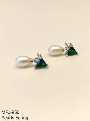 Pearl and green triangle crystal stud earrings, silver tone, elegant drop style 3