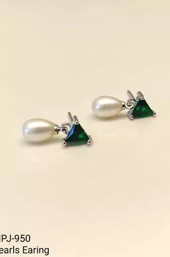 Pearl and green triangle crystal stud earrings, silver tone, elegant drop style
