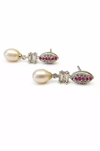 Pearl drop earrings with ruby red cz marquise stud and baguette crystal, silver tone