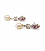Pearl drop earrings with ruby red cz marquise stud and baguette crystal, silver tone