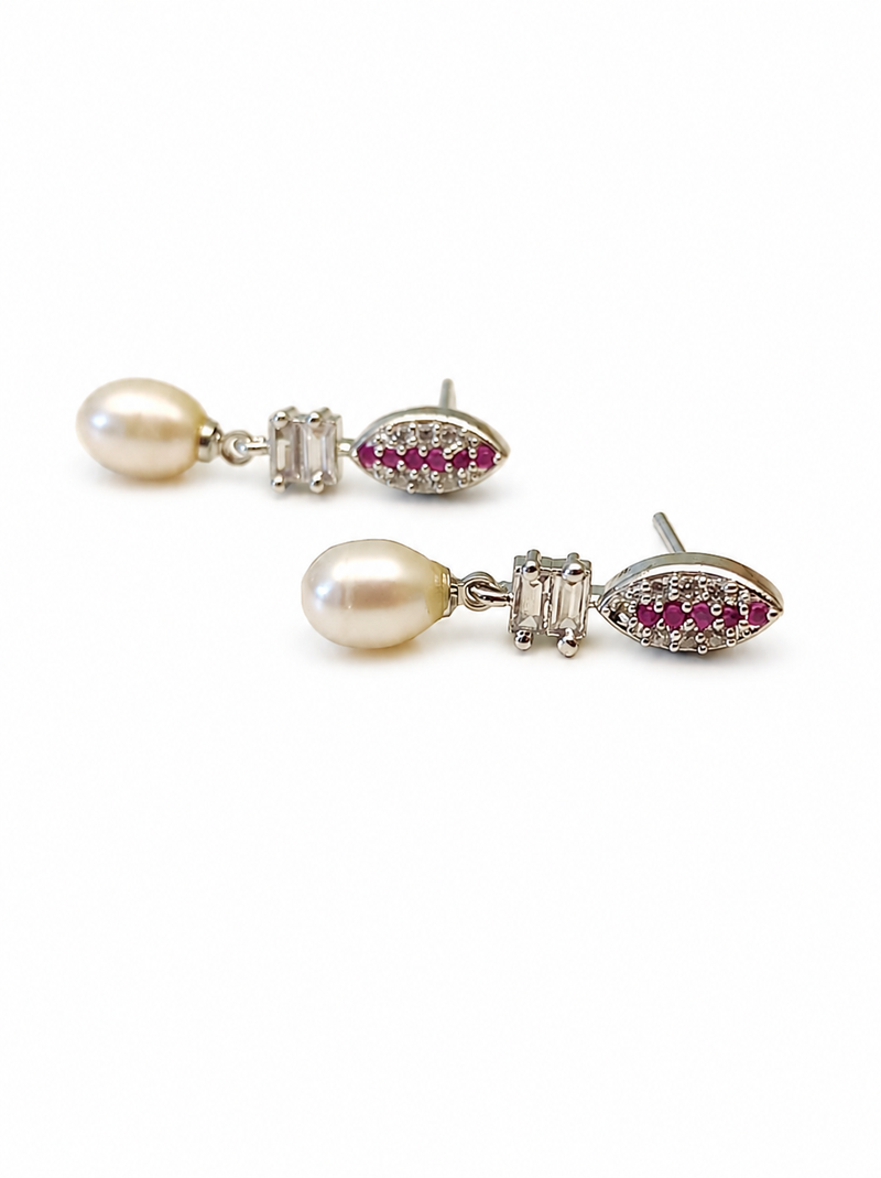 Pearl drop earrings with ruby red cz marquise stud and baguette crystal, silver tone