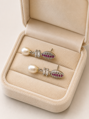 Pearl drop earrings with ruby red cz marquise stud and baguette crystal, silver tone 2