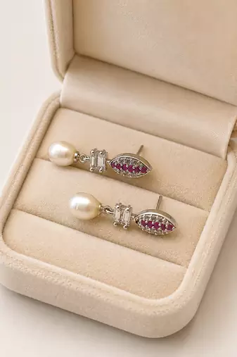 Pearl drop earrings with ruby red cz marquise stud and baguette crystal, silver tone
