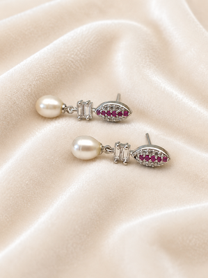 Pearl drop earrings with ruby red cz marquise stud and baguette crystal, silver tone 3
