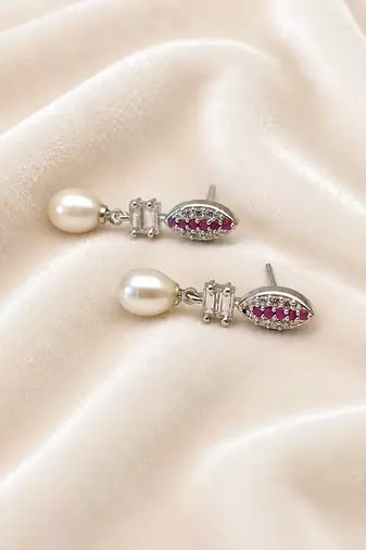 Pearl drop earrings with ruby red cz marquise stud and baguette crystal, silver tone