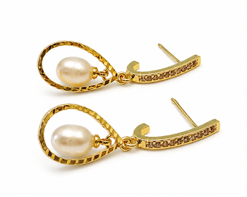 Gold-toned pearl drop earrings with crystal-studded hoop, teardrop frame, elegant dangle style 1