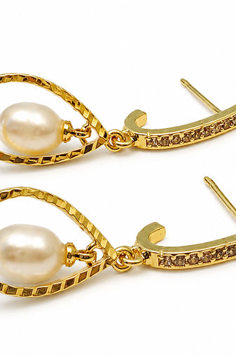 Gold-toned pearl drop earrings with crystal-studded hoop, teardrop frame, elegant dangle style