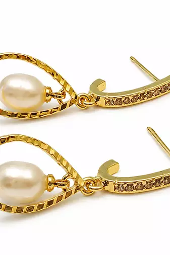 Gold-toned pearl drop earrings with crystal-studded hoop, teardrop frame, elegant dangle style