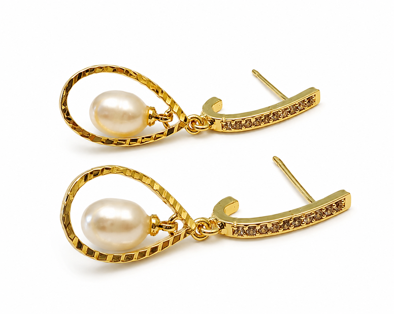 Gold-toned pearl drop earrings with crystal-studded hoop, teardrop frame, elegant dangle style