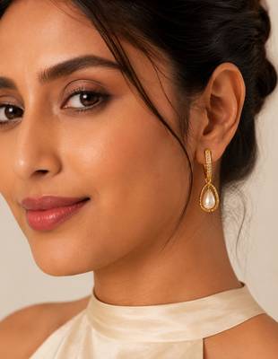Gold-toned pearl drop earrings with crystal-studded hoop, teardrop frame, elegant dangle style 2