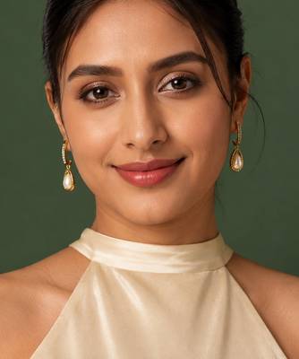 Gold-toned pearl drop earrings with crystal-studded hoop, teardrop frame, elegant dangle style 3